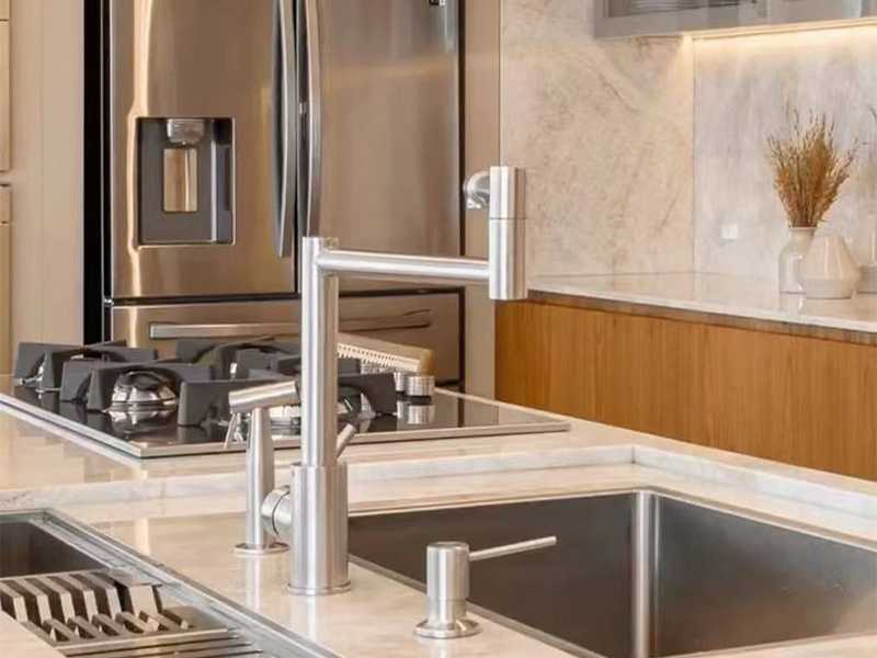 taj mahal quartzite kitchen countertop and wall splash 2