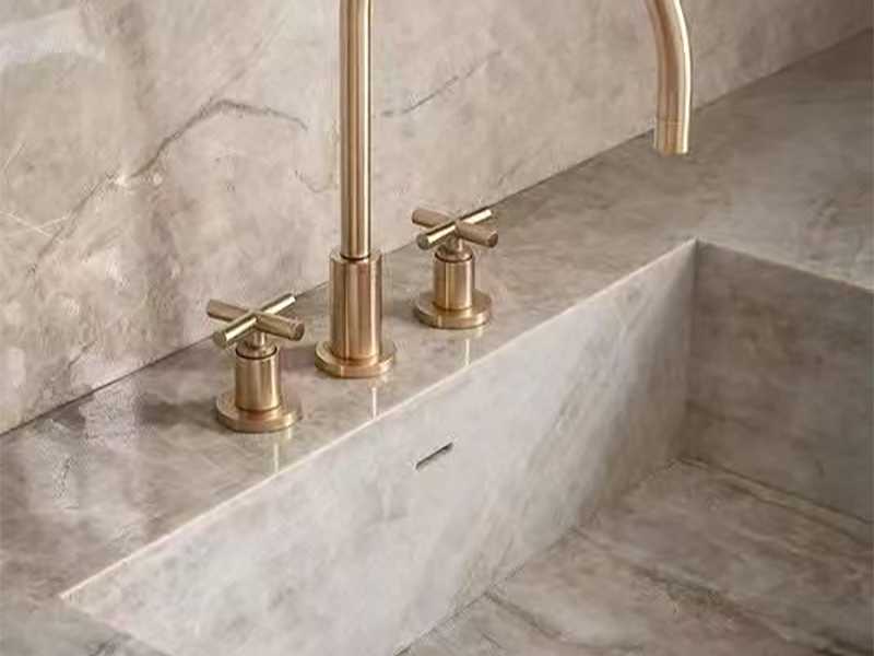 taj mahal quartzite kitchen countertop and wall splash 3