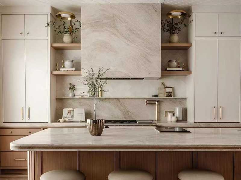 taj mahal quartzite kitchen countertop and wall splash